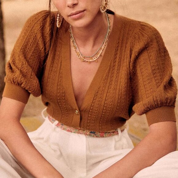 NEW Sezane Lola Jumper - Coffee Tan French Cardigan Sweater Causal - Picture 1 of 9